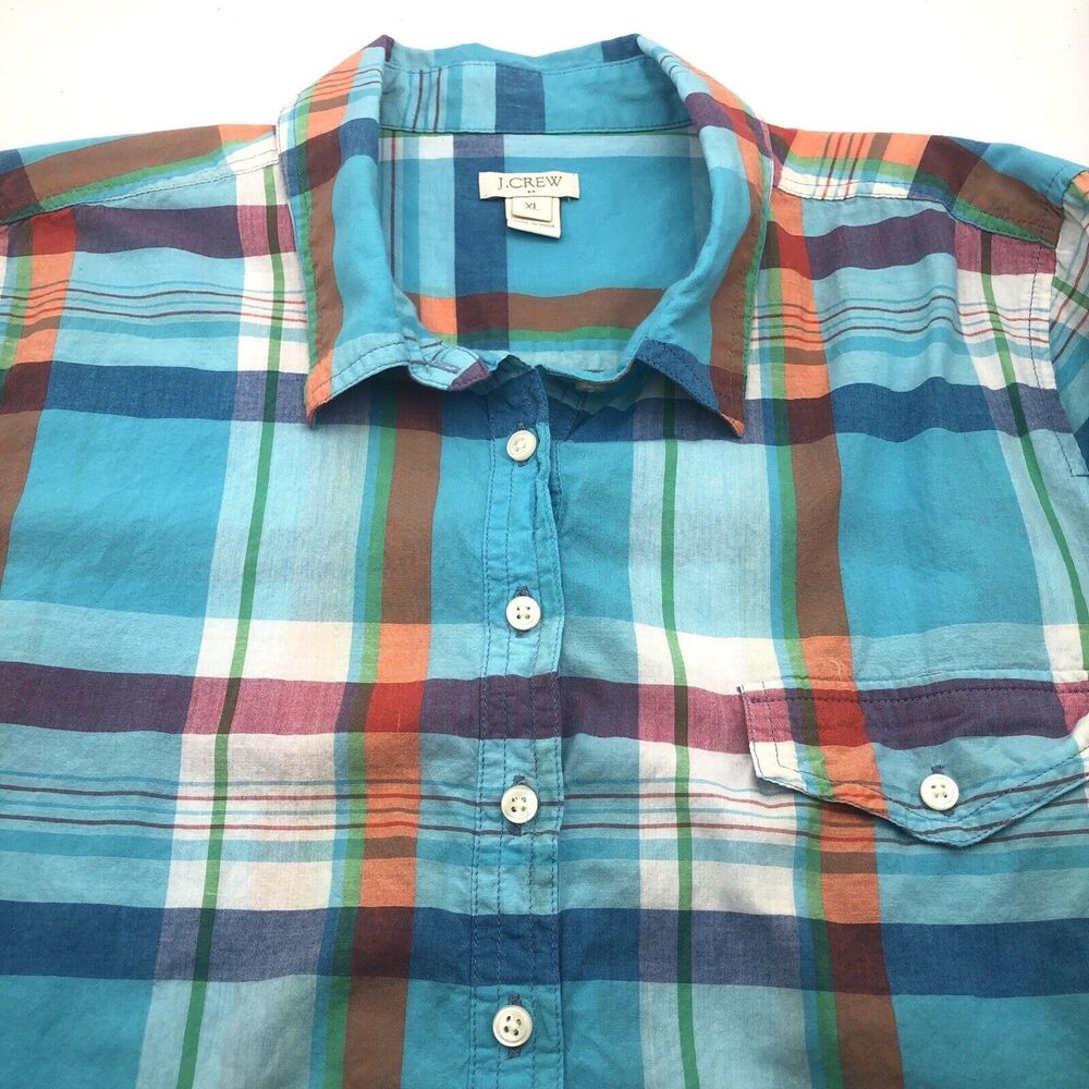J Crew Long Sleeve Plaid Shirt Women's 1/2 Button Up Blue and Orange Size XL